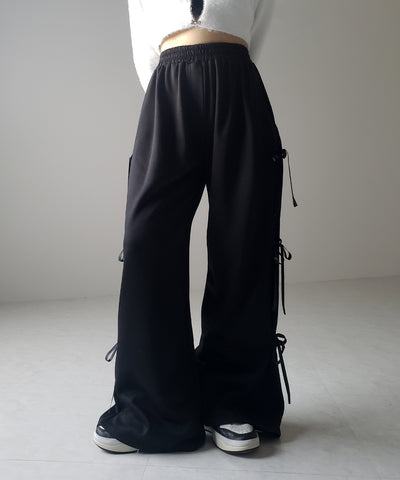 【 ２color 】３ストラップサイドリボンワイドスウェットパンツ／ three strap side ribbon wide sweat pants