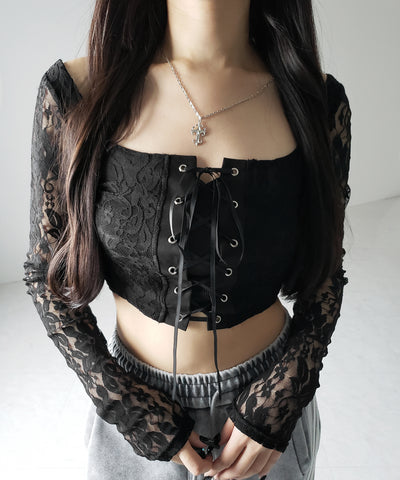 【 ２color 】レースアップコルセットリボンショートレーストップス ／ laceup corset ribbon short lace tops