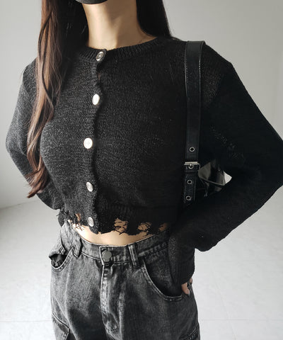 【 ３color 】ダメージシアーニットショートカーディガン ／ damage sheer knit short cardigan