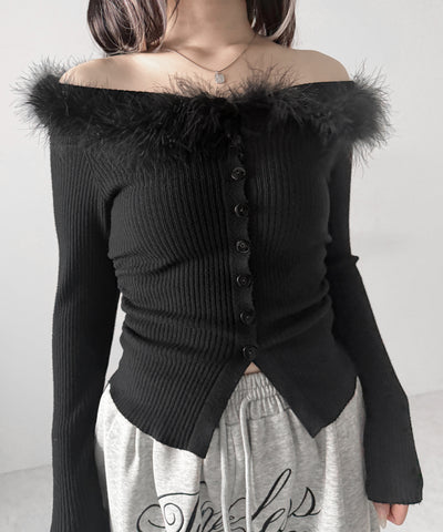 フェザーファー襟オフショルリブニットトップス ／feather fur collar off shoulder rib knit tops
