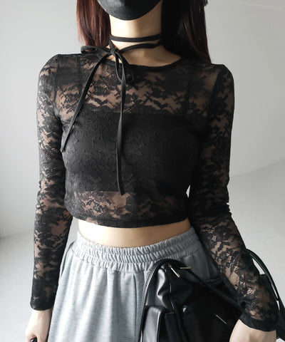 【 ２color 】ストラップリボンショートレーストップス ／ strap ribbon short lace tops