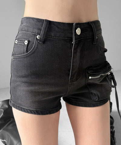 リボンストリングカーゴポケットデニムショートパンツ／ribbon string cargo pocket denim short pants