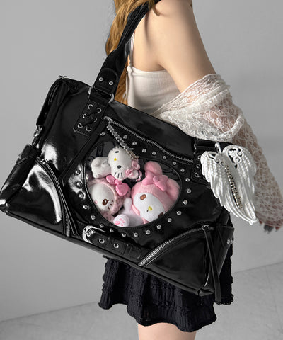 【 限定先行販売 】ハートクリアポケットスタッズフェイクレザートートバッグ ／ heart clear pocket studs fake leather tote bag