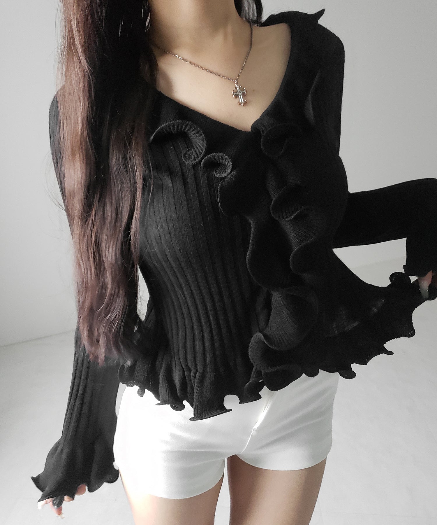 シアーフリル長袖リブニットカーディガン ／ sheer frill long-sleeve ribbed knit cardigan