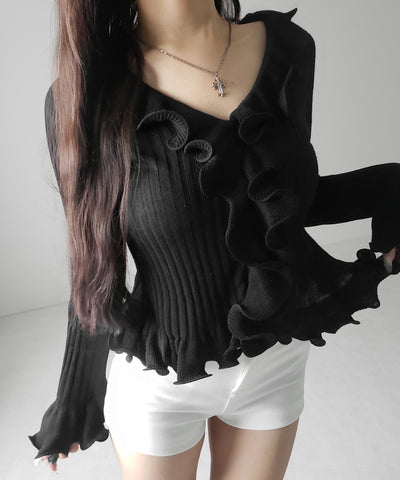 シアーフリル長袖リブニットカーディガン ／ sheer frill long-sleeve ribbed knit cardigan