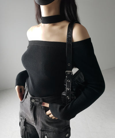【 ２color 】チョーカーオフショルリブニットトップス ／choker offshoulder lib knit tops
