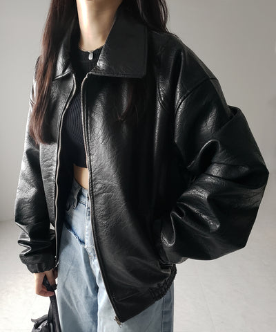 【 ２color 】バックリボン刺繍ヴィンテージライクフェイクレザーブルゾン ／ back ribbon vintage like fake leather blouson