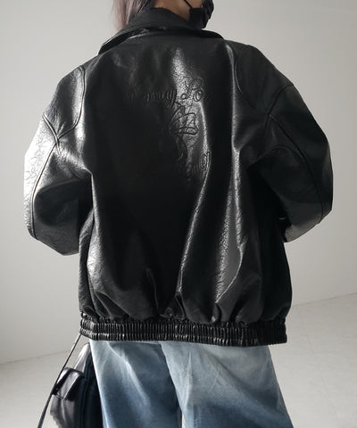 【 ２color 】バックリボン刺繍ヴィンテージライクフェイクレザーブルゾン ／ back ribbon vintage like fake leather blouson