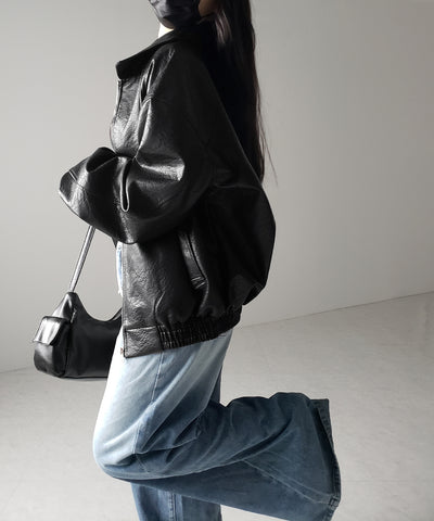 【 ２color 】バックリボン刺繍ヴィンテージライクフェイクレザーブルゾン ／ back ribbon vintage like fake leather blouson