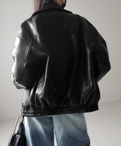 【 ２color 】バックリボン刺繍ヴィンテージライクフェイクレザーブルゾン ／ back ribbon vintage like fake leather blouson