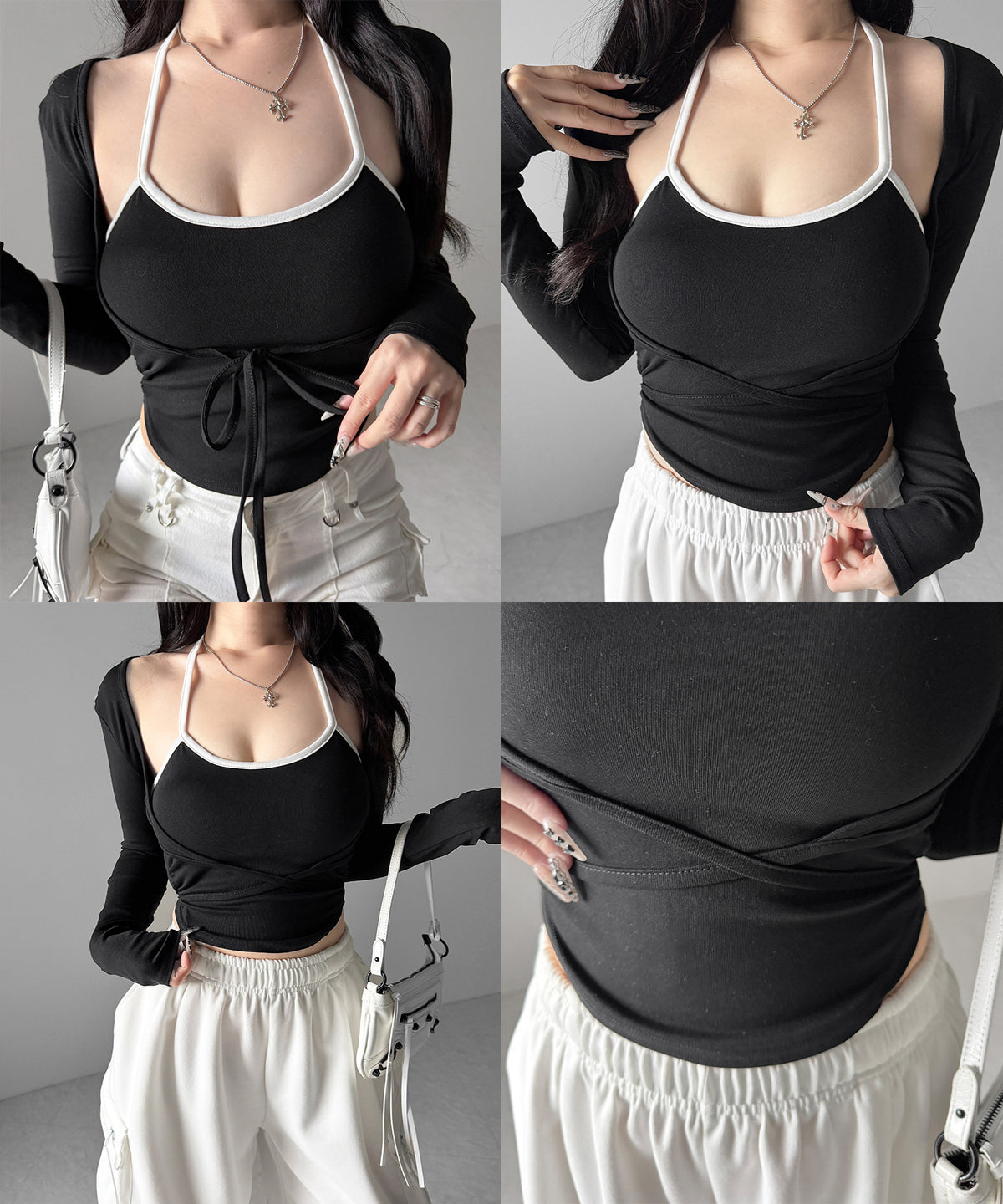 【２点セット 】２WAY クロスストラップショートカーディガン＋ ホルターリボンバイカラーキャミSET ／ 2WAY cross strap short cardigan + halter ribbon bicolor camisole SET