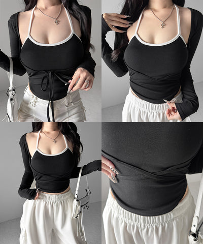【２点セット 】２WAY クロスストラップショートカーディガン＋ ホルターリボンバイカラーキャミSET ／ 2WAY cross strap short cardigan + halter ribbon bicolor camisole SET