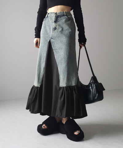 【 ３color 】異素材ドッキングスリットロングデニムスカート
