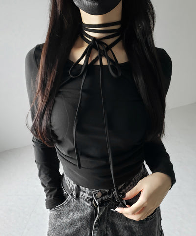 【 ３color 】クロスストラップロングチョーカーリボントップス ／ cross strap long choker ribbon tops