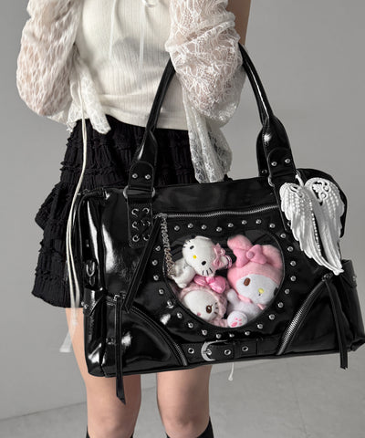 【 限定先行販売 】ハートクリアポケットスタッズフェイクレザートートバッグ ／ heart clear pocket studs fake leather tote bag