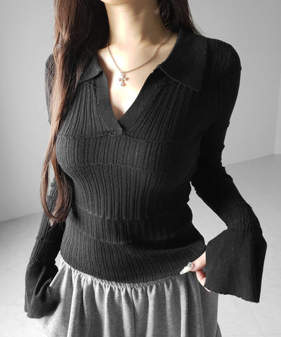 スキッパーネックスリムリブニットトップス ／ skipper neck slim rib knit tops