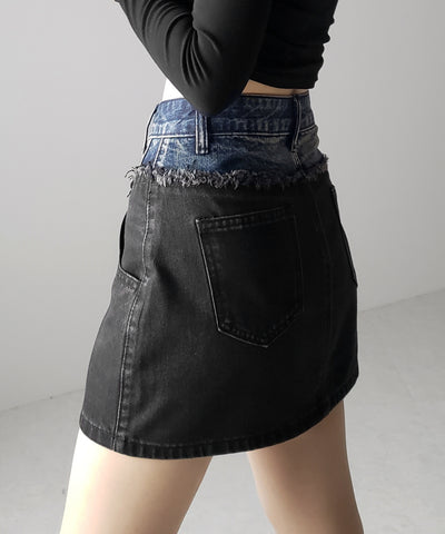 【 ３size ／ ２color 】ダメージドッキングヴィンテージデニムミニスカート ／damage docking vintage denim mini skirt