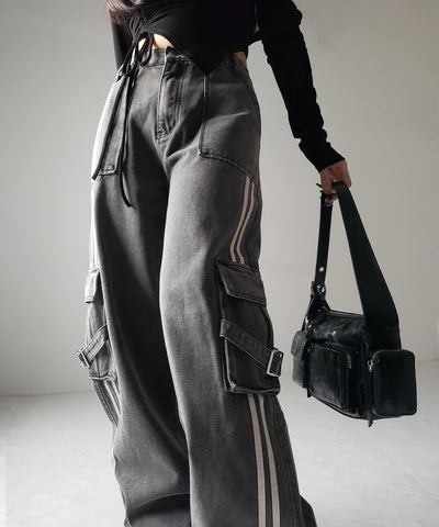 【 ２color ／ ４size 】サイドラインストレートカーゴデニムパンツ ／ sideline straight cargo denim pants