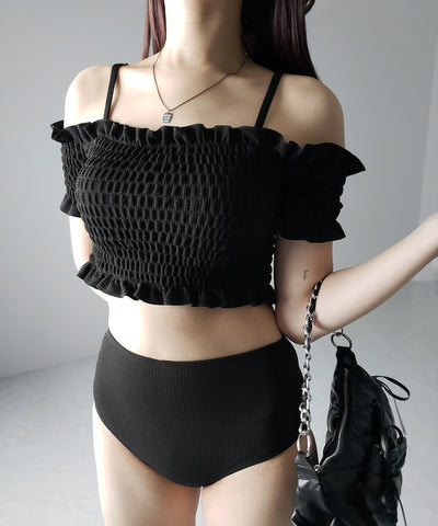 【 レディース水着／２点セット 】オフショルダーシャーリングギャザーハイウエストビキニ ／ off shoulder shirring gather highwaist bikini