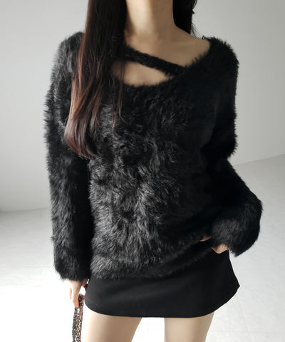 【 ３color 】ナナメストラップカットアウトシャギーニット ／ naname strap cutout shaggy knit