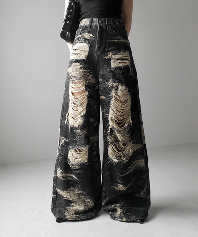 【 ２color ／ ４size 】クラッシュダメージバイカラースラブワイドデニム ／ crash damaged bicolor slab wide denim