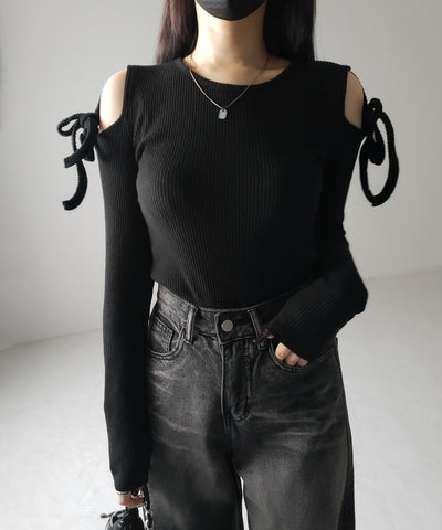 【 ３color 】カットアウトショルダーリボンリブトップス ／ Cut-out shoulder ribbon rib tops