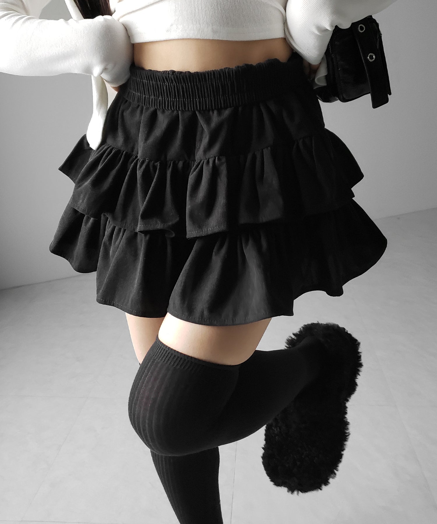 【 無地 or レオパードから選べる ／ インパン裏地付 】コーデュロイティアードフリルミニスカート ／ corduroy tiered frill mini skirt