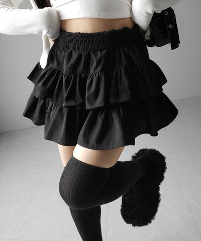 【 無地 or レオパードから選べる ／ インパン裏地付 】コーデュロイティアードフリルミニスカート ／ corduroy tiered frill mini skirt