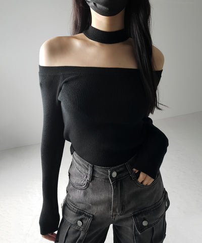 【 ２color 】チョーカーオフショルリブニットトップス ／choker offshoulder lib knit tops