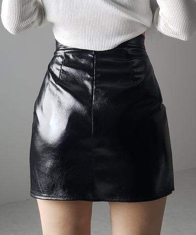 【 ３color ／４size 】３タックメタリックスリットハイウエストタイトミニスカート ／ three tuck metallic slit highwaist tight mini skirt