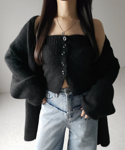 【 ２点セット 】ニットボタンビスチェ ＋ロングカーディガンセット ／ knit button bustier + long cardigan set