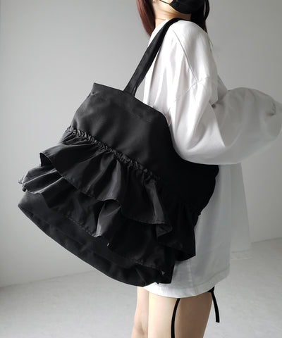 【 ２color 】ティアードフリルBIGキャンバストートバッグ ／ tiered frill big canvas tote bag