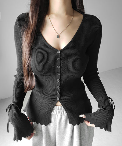 フレアリボンスリーブ透かし編みニットカーディガン ／ flare ribbon sleeve openwork knit cardigan