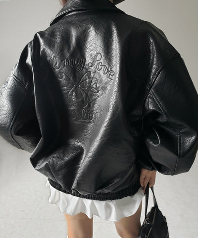 【 ２color 】バックリボン刺繍ヴィンテージライクフェイクレザーブルゾン ／ back ribbon vintage like fake leather blouson