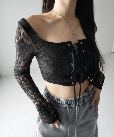 【 ２color 】レースアップコルセットリボンショートレーストップス ／ laceup corset ribbon short lace tops