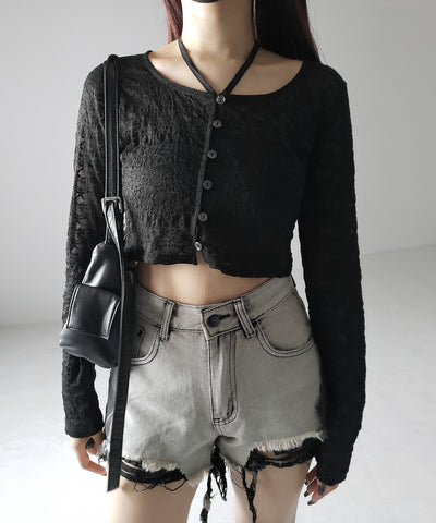 【 ２WAY 】クロスストラップリボンショートレースカーディガン ／ cross strap ribbon short lace cardigan
