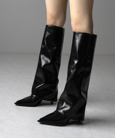 【 ２color 】ポインテッドトゥフェイクレザーカバーロングブーツ ／ pointed toe fake leather covered long boots