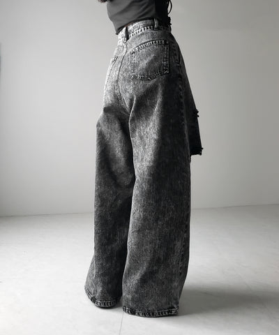 【 デニムセットアップ着用可能 】ヴィンテージケミカルブリーチタックダメージワイドデニム ／ vintage chemical bleach tuck damage wide denim