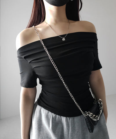 【 ３color 】半袖タックデザインドレープオフショルダートップス