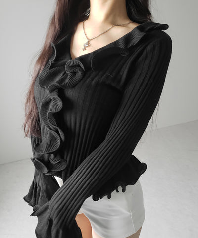 シアーフリル長袖リブニットカーディガン ／ sheer frill long-sleeve ribbed knit cardigan