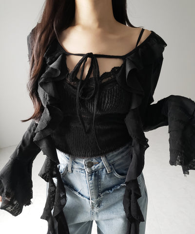 【 ２color 】ダメージフリルショートリボンカーディガン ／ damage frill short ribbon cardigan
