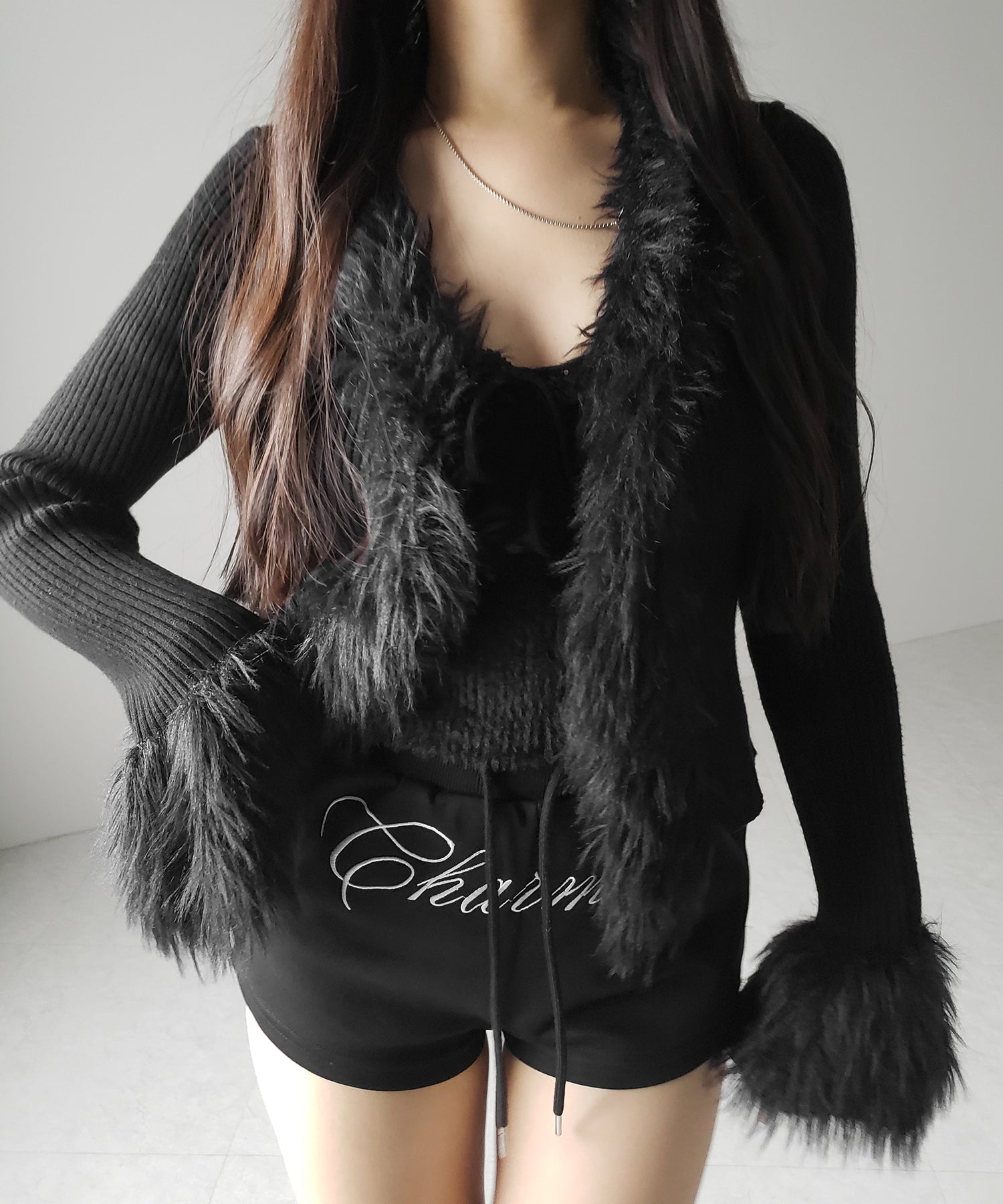 シャギーファードッキングリブニットカーディガン ／ shaggy fur docking rib knit cardigan