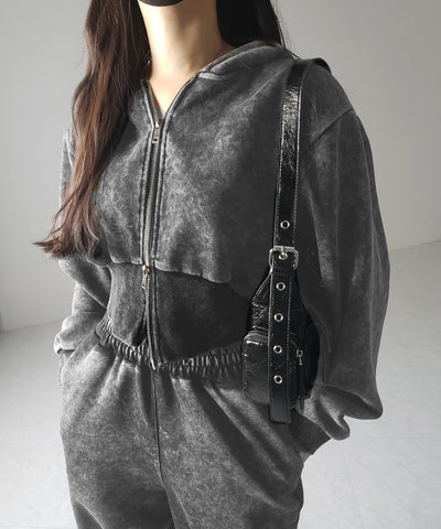 【 セットアップ 】ピグメントヴィンテージショートパーカー ＋ ワイドパンツ SET ／ pigment vintage short hoodie + wide pants SET