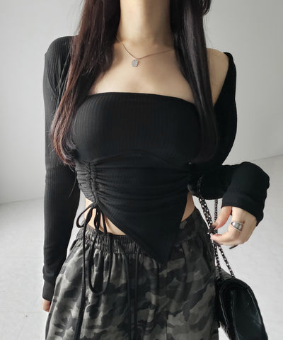 【 ２点セット 】シャーリングリボンベアトップス ＆ ショートカーディガン SET ／ shirring ribbon bare tops & short cardigan SET