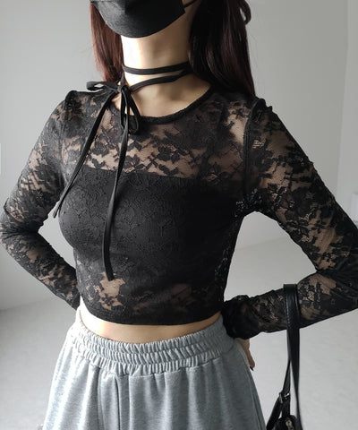【 ２color 】ストラップリボンショートレーストップス ／ strap ribbon short lace tops
