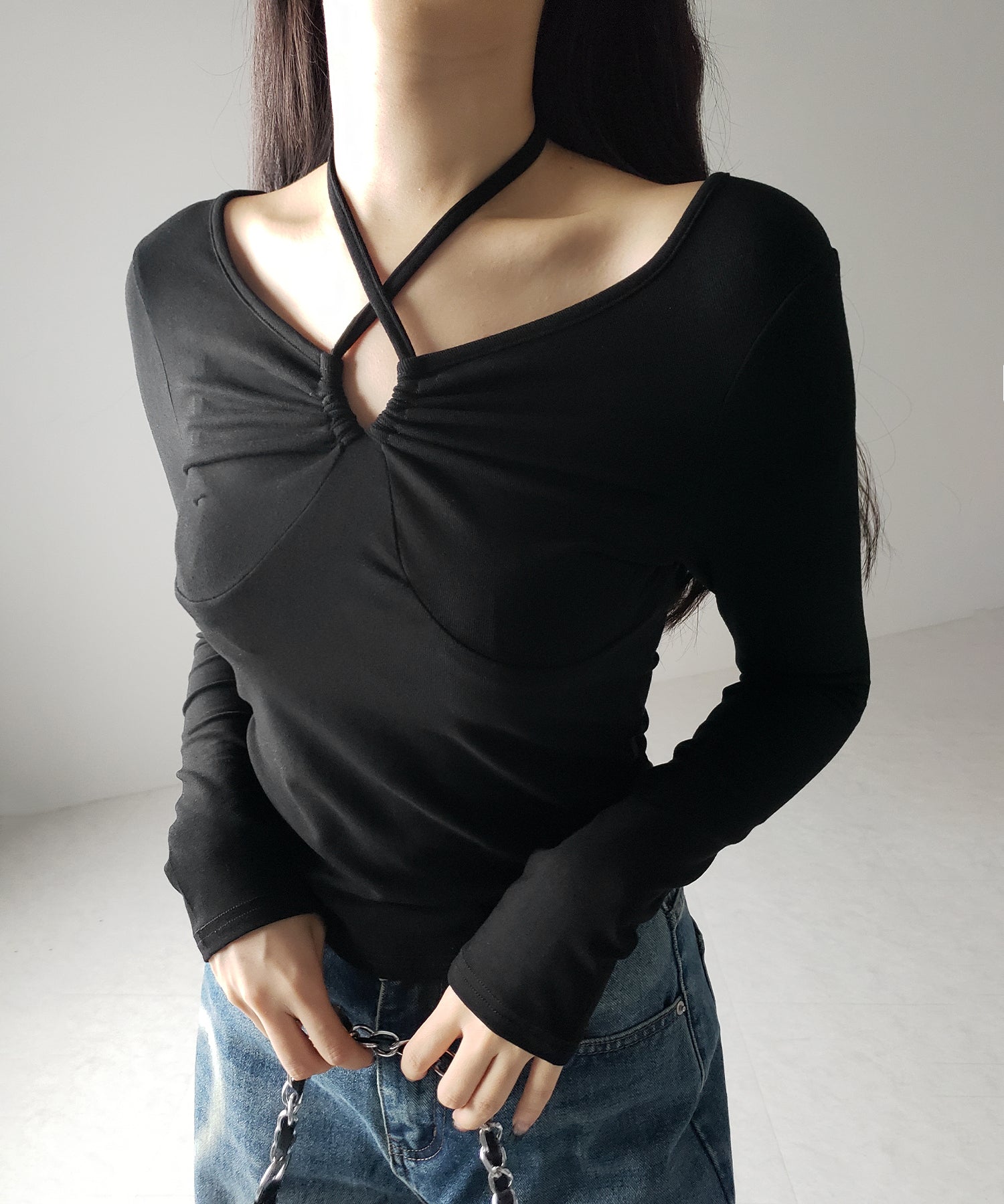 【 ３WAY 】クロスストラップリボンギャザーカットソートップス ／ cross strap ribbon gather cutsew tops