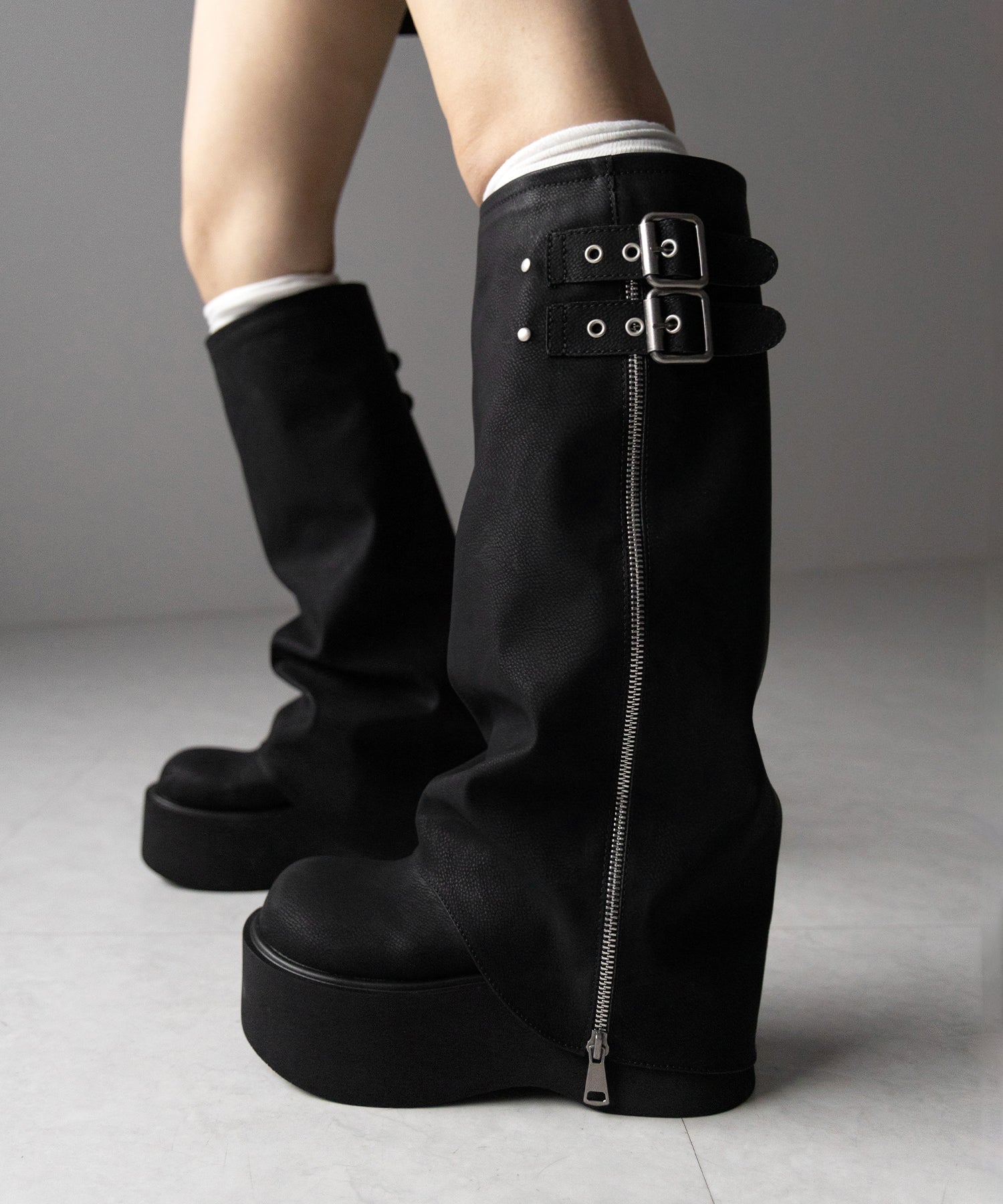 【 ２color 】ベルテッドヴィンテージ厚底カバーロングブーツ ／belted vintage platform cover long boots