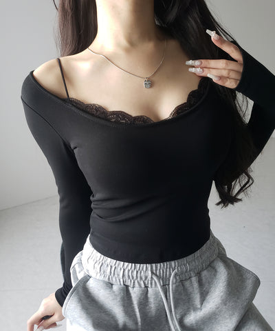 【 カップ付き 】裏起毛レースレイヤードぴちカットソートップス ／ urakimo square neck pichi cutsew tops