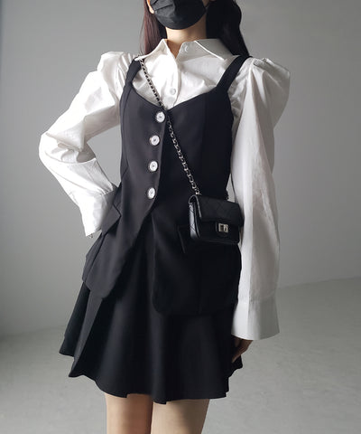 【 ３点セットアップ 】ショートシャツ＆プリーツミニスカート＆キャミビスチェ SET