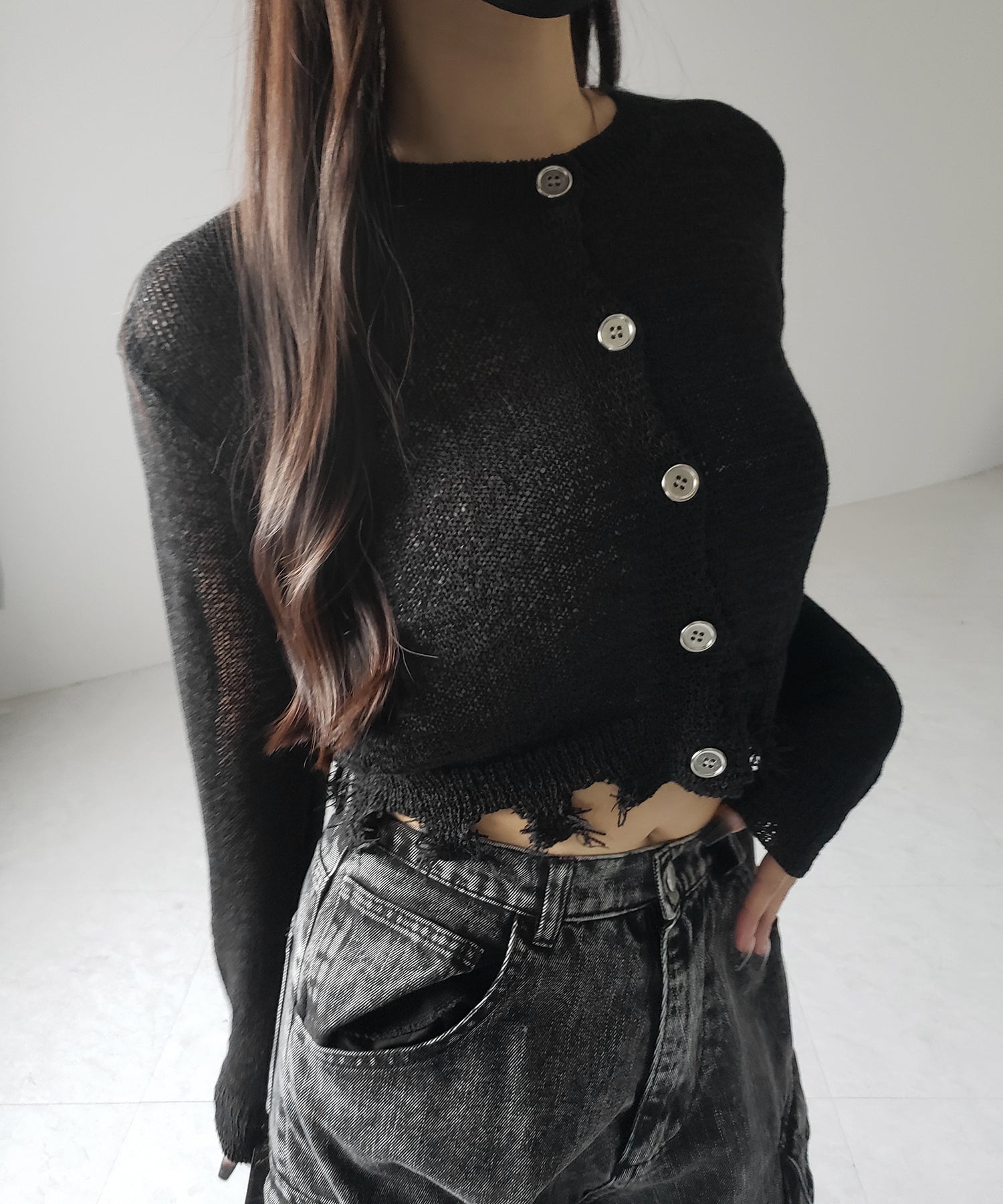 【 ３color 】ダメージシアーニットショートカーディガン ／ damage sheer knit short cardigan